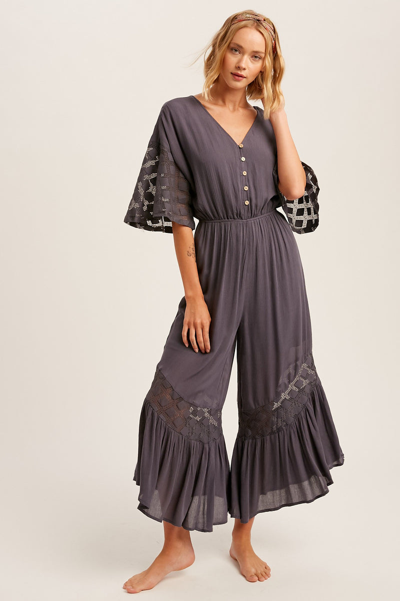 Ruffles and Lace Jumpsuit in Carmel, Charcoal or Olive