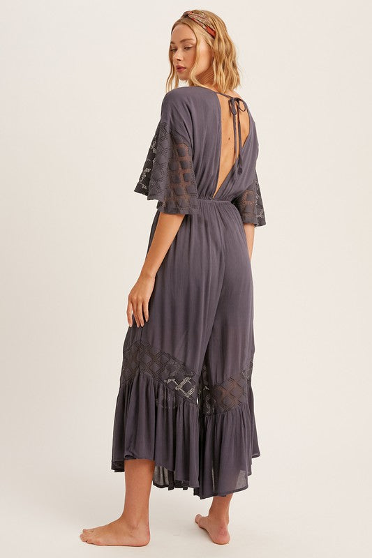 Ruffles and Lace Jumpsuit in Carmel, Charcoal or Olive