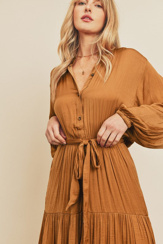 Alexandra Crinkle Tiered Shirt Dress in Camel