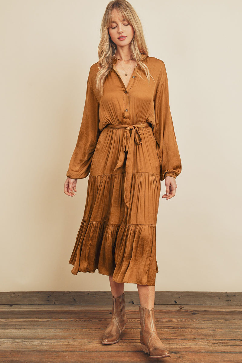 Alexandra Crinkle Tiered Shirt Dress in Camel – Polka Dots Boutique