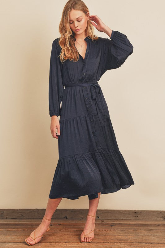 Alexandra Crinkle Tiered Shirt Dress in Navy Small Alexandra Crinkle Tiered Shirt Dress in Navy Small
