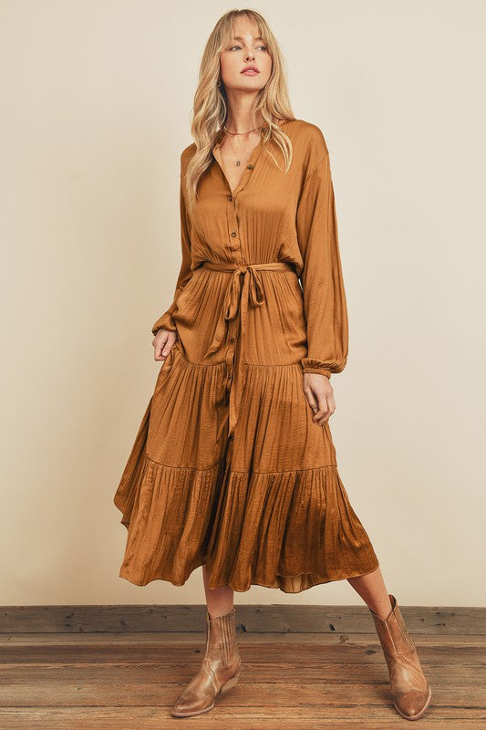Alexandra Crinkle Tiered Shirt Dress in Camel