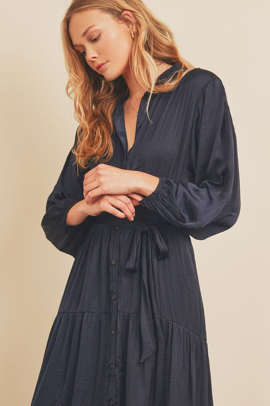 Alexandra Crinkle Tiered Shirt Dress in Navy Small Alexandra Crinkle Tiered Shirt Dress in Navy Small