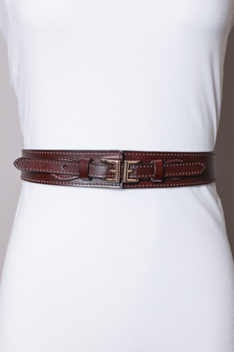 Leather Double Buckle Waistband Belt in Black or Brown