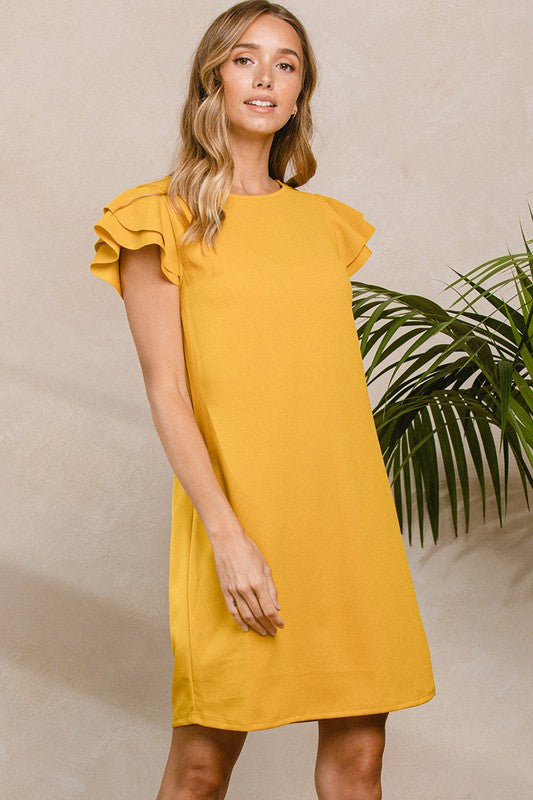 Rosalie Solid Knit Shift Dress in Mustard Yellow