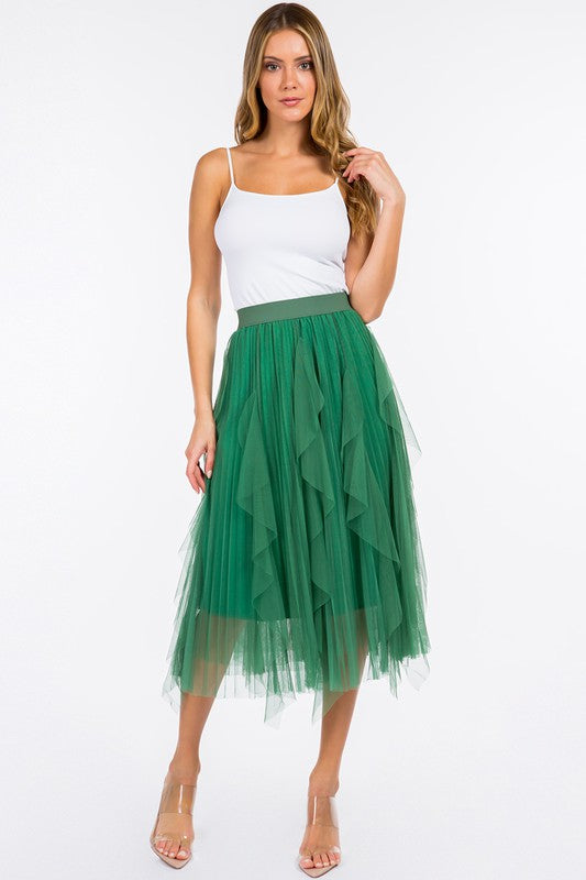 Taba Pleated and Ruffled Tulle Midi Skirt in Basil Green