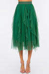 Taba Pleated and Ruffled Tulle Midi Skirt in Basil Green
