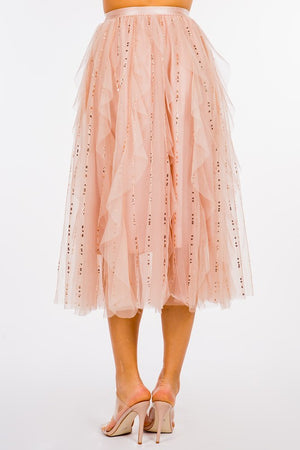 Taba Sequin Tulle Midi Skirt in Blush