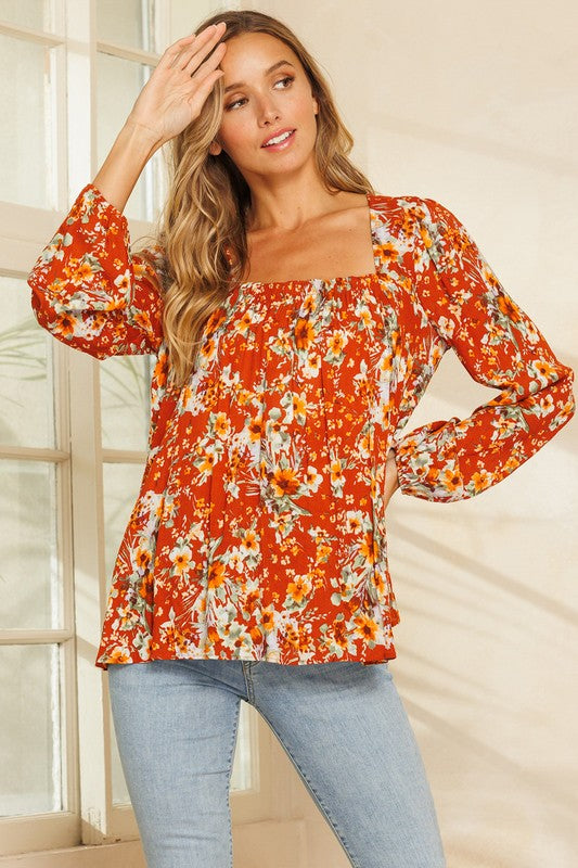 Maria Floral Square Neck Top in Orange