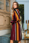 Vertical Stripe Turtleneck Midi Dress in Burgundy