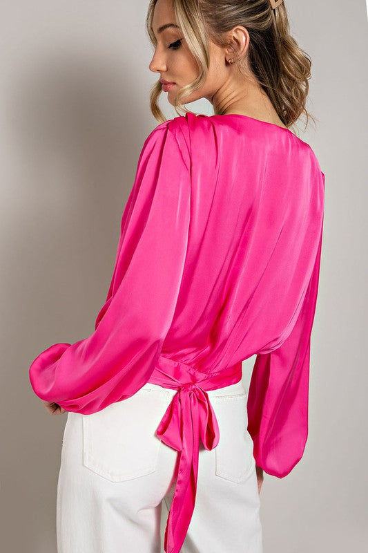 Simone Satin Waist Tie Blouse in Hot Pink