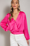 Simone Satin Waist Tie Blouse in Hot Pink