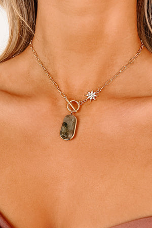 Grey Stone and Star Charm Necklace in Gold