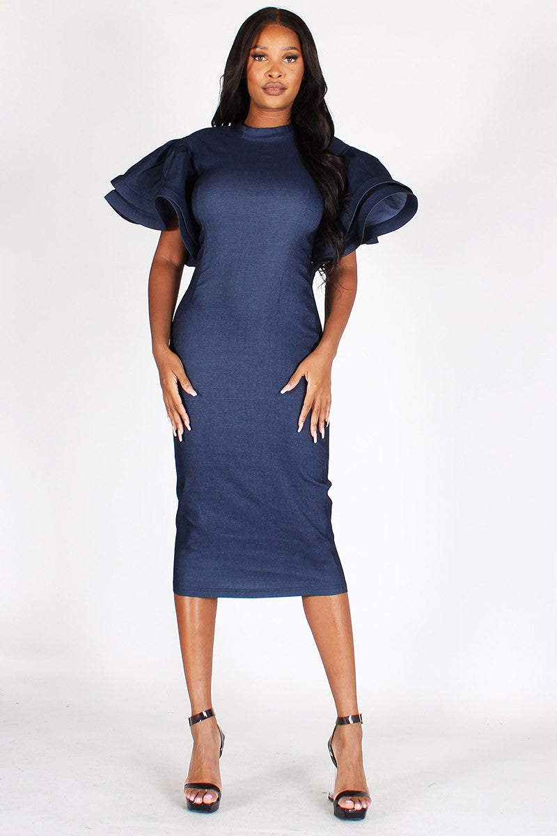Tami Ruffle Detailed Stretch Denim Dress in Sizes S-3XL in Denim Blue
