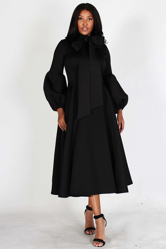 Sasha Bow Tie Puff Sleeve Midi Dress With Pockets in Black