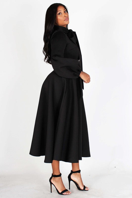 Sasha Bow Tie Puff Sleeve Midi Dress With Pockets in Black