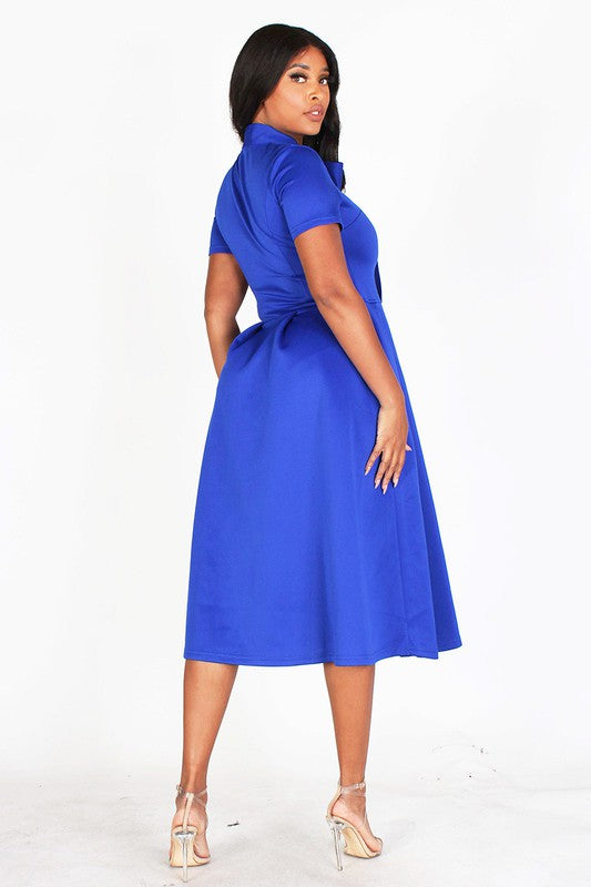 Donna Fit and Flare Midi Dress With Necktie