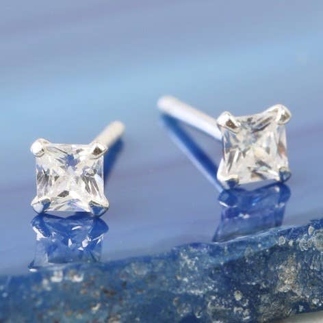 Tiny Sterling Silver Square Crystal Stud Earrings