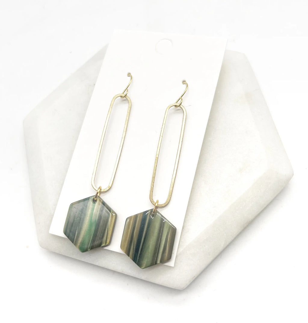 Olive Green Hex Minimalist Earrings
