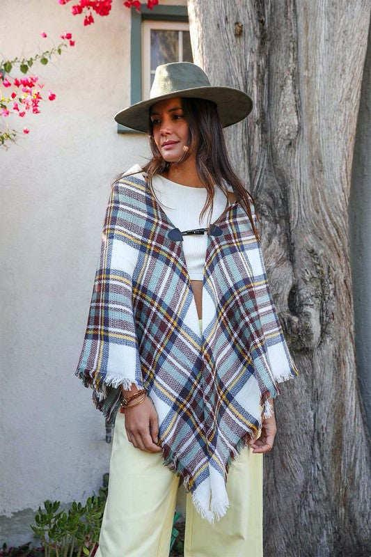 Lorelei Classic Flannel Poncho With Toggle Closure in White/Brown/Mint