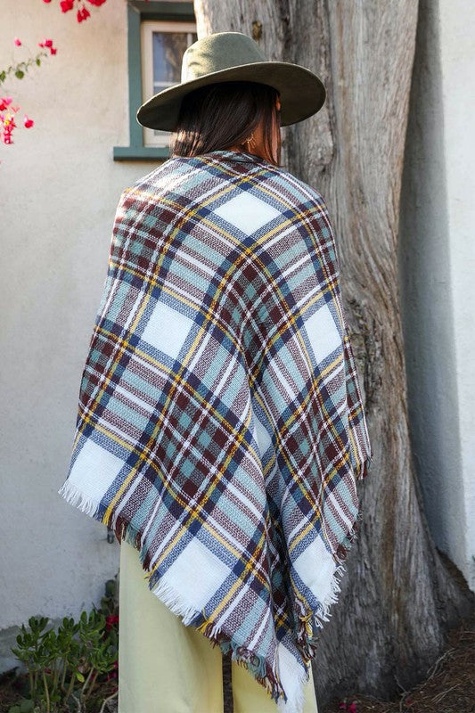 Lorelei Classic Flannel Poncho With Toggle Closure in White/Brown/Mint