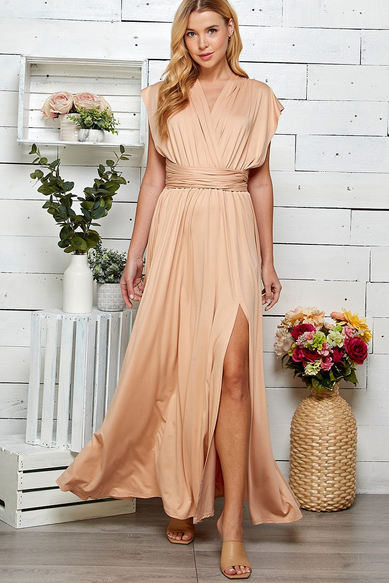 Sweet Lu Waist Tie Goddess Dress in Black or Taupe Small / Taupe