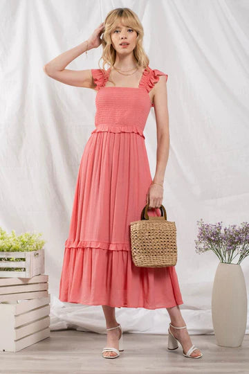 Fiona Flutter Sleeve Smocked Midi Dress in Coral