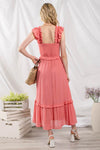 Fiona Flutter Sleeve Smocked Midi Dress in Coral