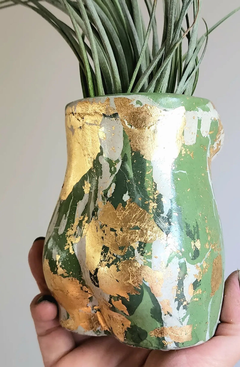 Concrete Juicy Booty Air Plant Pot | Lady Body Butt Planter in Green and Gold