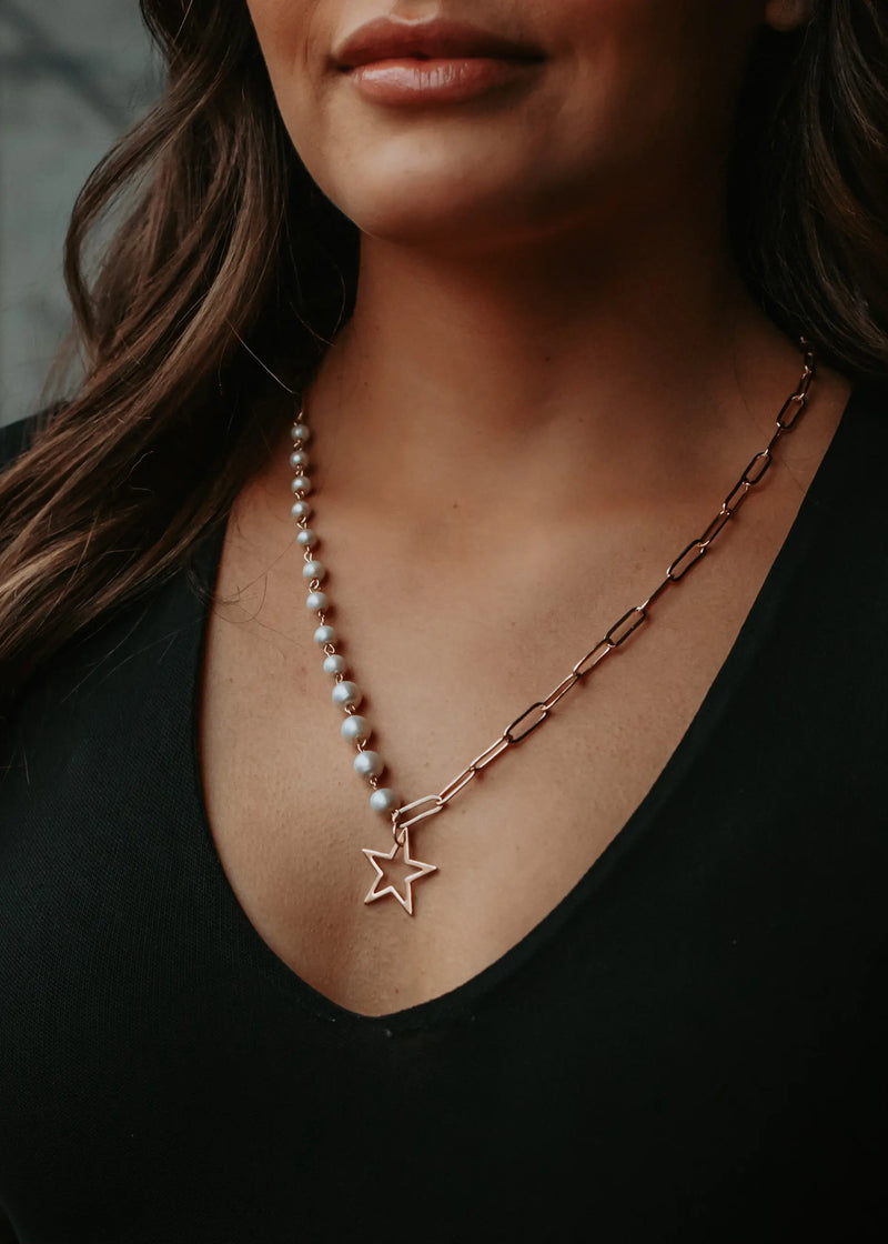 Gold Chain & Pearl Necklace With Star Pendant by Panache