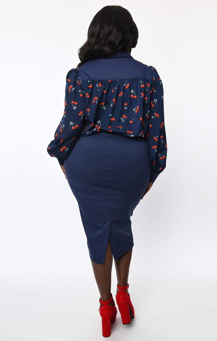 navy blue dress with cherries Navy Blue Cherry Print Fit & Flare Midi Dress