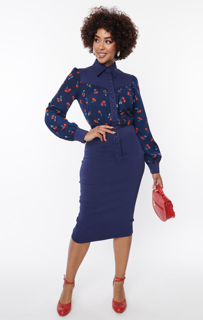 Navy and Cherry Bishop Sleeve Wiggle Dress by Unique Vintage